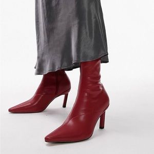 Topshop Olive Pointed Heeled Sock Boots in Red